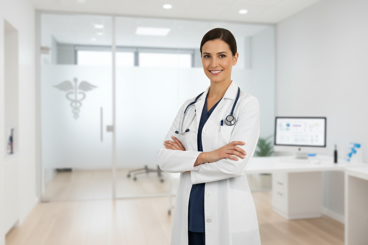 Doctor Wearing Lab Coat Doctor wearing white lab coat in medical setting"